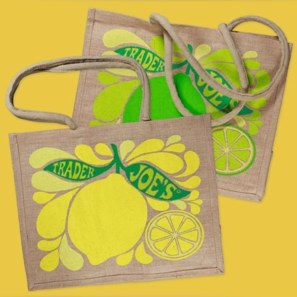 Trader Joe's citrus Lime Lemon Print Reusable Jute Burlap shopping tote NEW